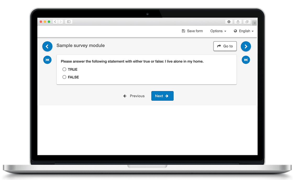 A closed-ended survey question in a laptop computer that reads "Please answer the following statement with either true or false:
I live alone in my home.