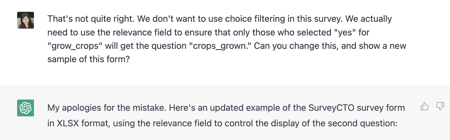 SurveyCTO's response letting the bot know their example was incorrect and asking them to correct it. The bot then responds with corrections closer to what SurveyCTO wanted.