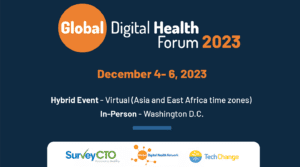 Global Digital Health Forum conference logo and the logos of SurveyCTO, Tech Change and the Global Digital Health Network.