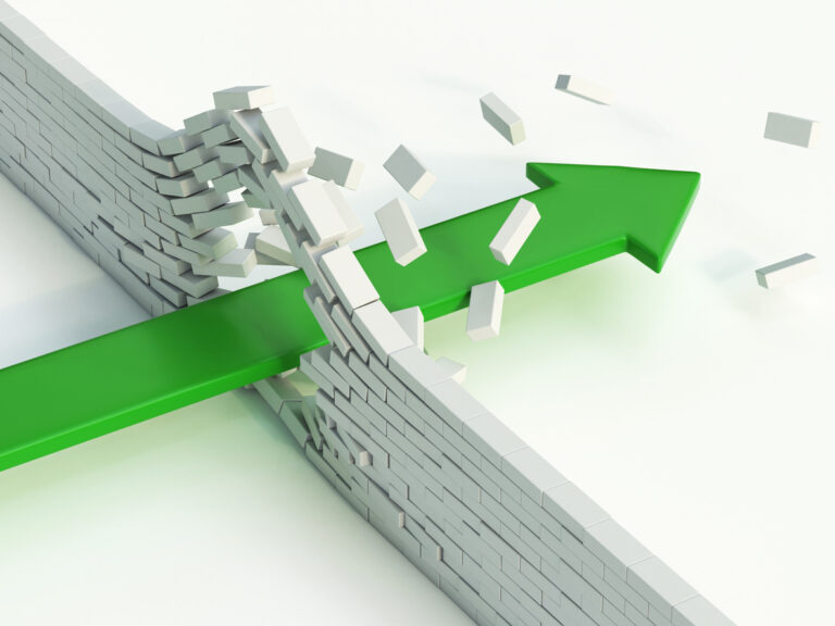 Arrow breaking brick wall abstract 3d illustration - power solution concept - infiltration - success metaphor 3d rendering