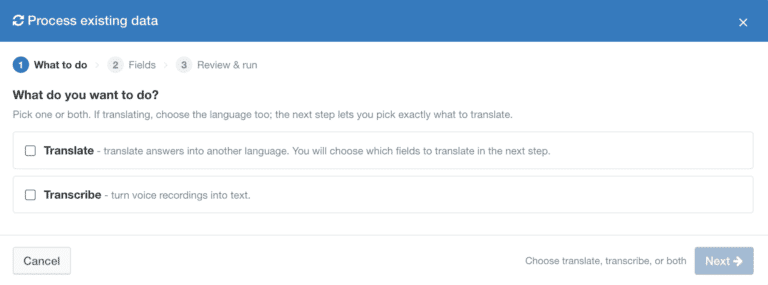 Decide whether to transcribe, translate, or do both for existing submissions. This can be set to run for all time, or for a specific timeframe.
