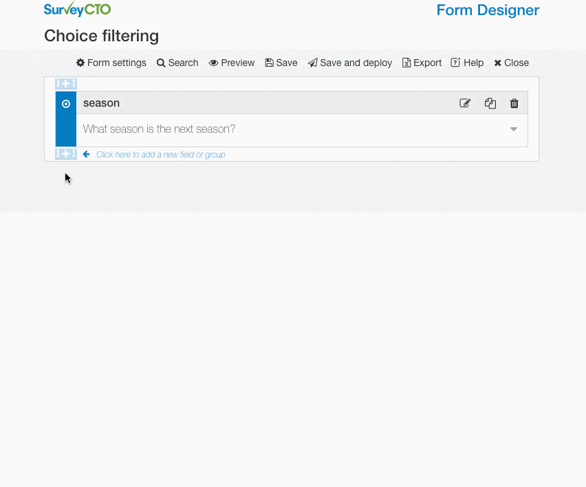 An animation of using choice filters inside SurveyCTO's online form builder to change the list of crops depending on what season it is.