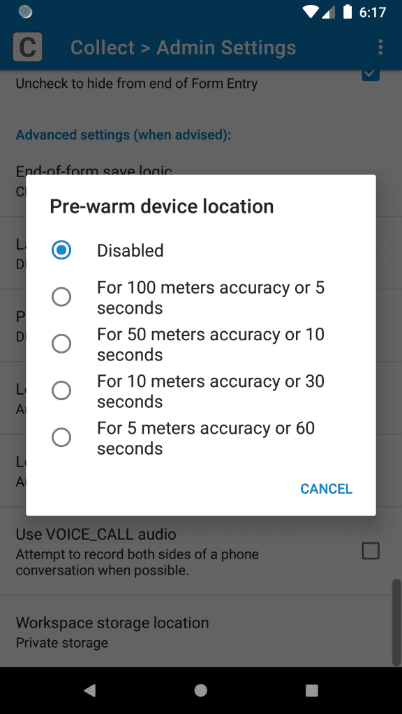 SurveyCTO Collect GPS pre-warm settings