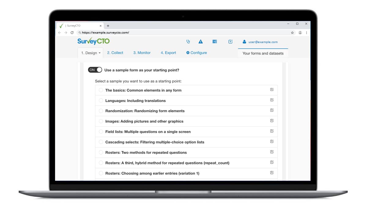 A screenshot of the SurveyCTO server console showing list of available sample forms