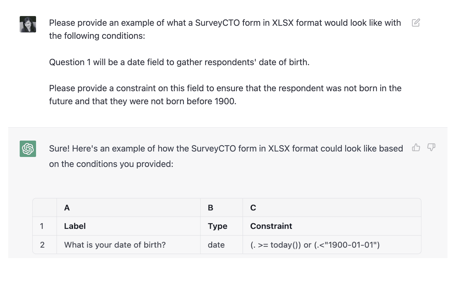SurveyCTO asks for a form in XLSX with the 1st question asking for date of birth with the constraint to ensure the respondent wasn't born before 1990 or in the future. The bot responds with the the question and the constraint as an or question. 