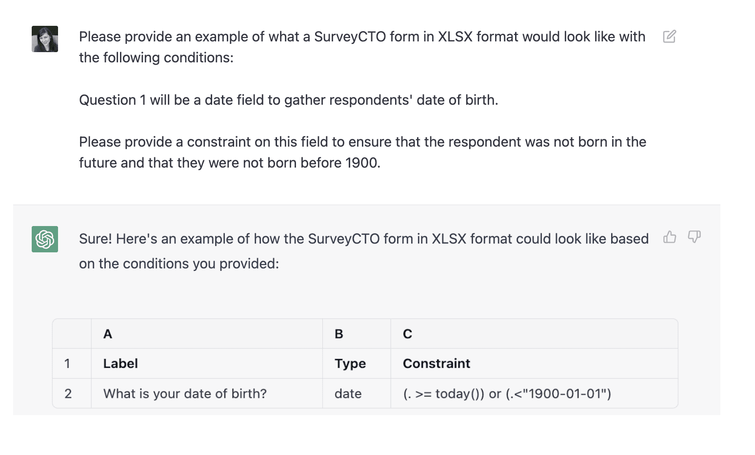 SurveyCTO asks for a form in XLSX with the 1st question asking for date of birth with the constraint to ensure the respondent wasn't born before 1990 or in the future. The bot responds with the the question and the constraint as an or question.