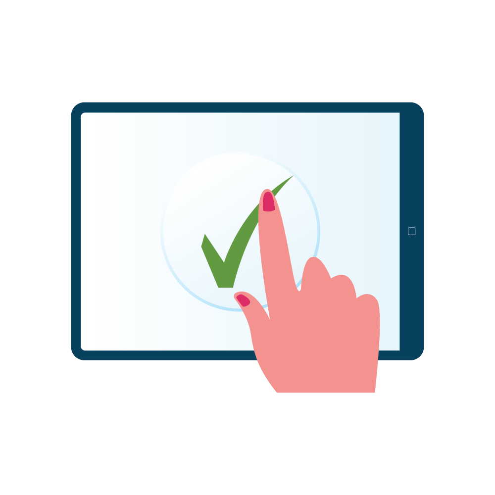 Illustrated icon showing a finger placed on the SurveyCTO checkmark on a tablet screen.