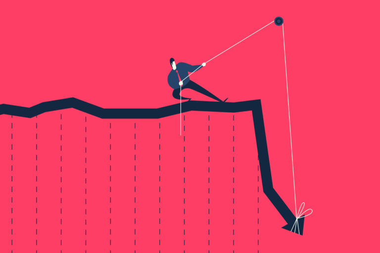 Businessman pulling rope trying to lift up falling graph.