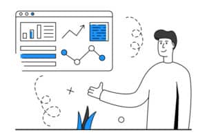 Data analytic scene. Man with web window. Trendy character scene. Vector illustration