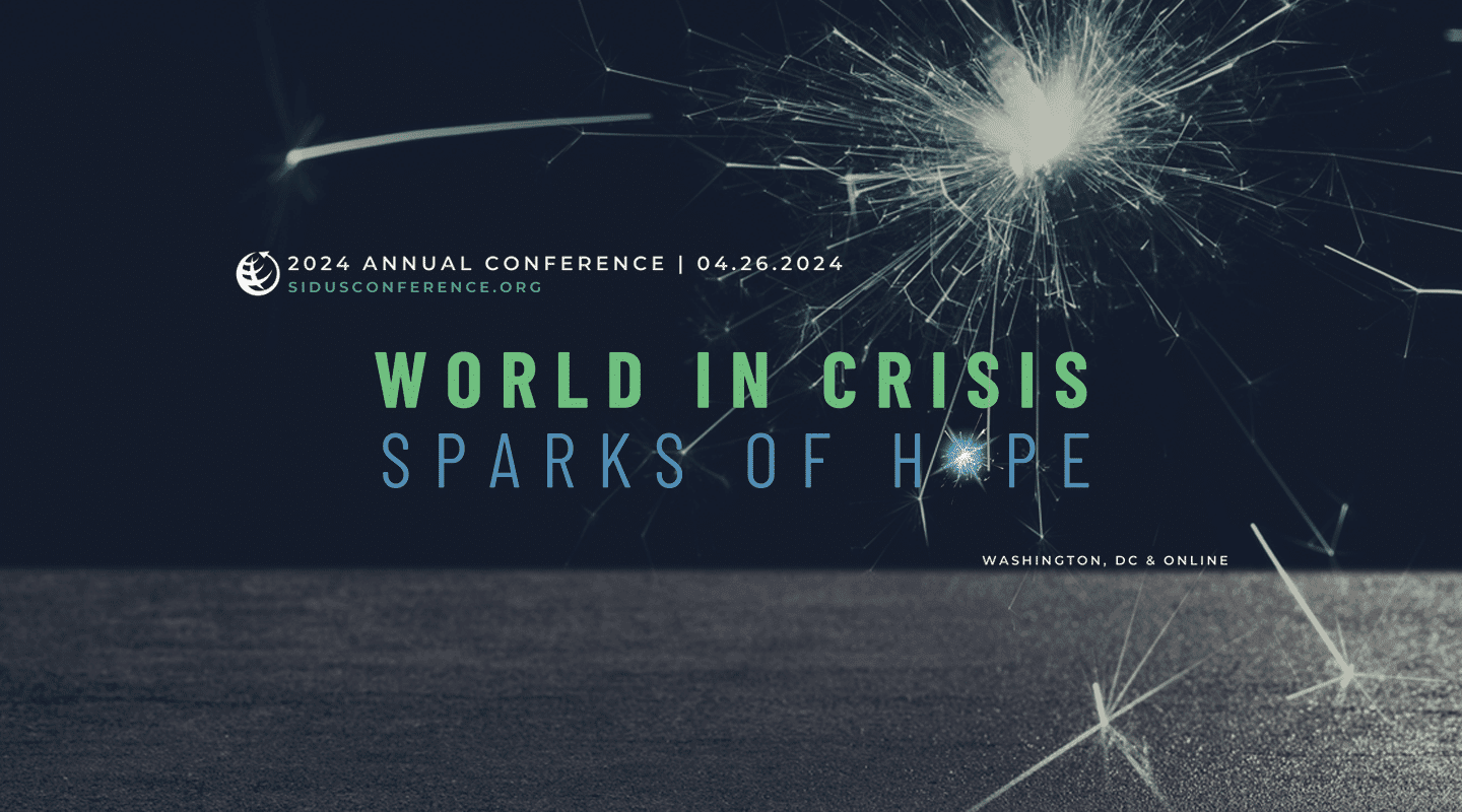 Image of a bright explosion of light with "World in crisis: Sparks of hope" overlaid on top of it. For SID-U.S. 2024 conference.