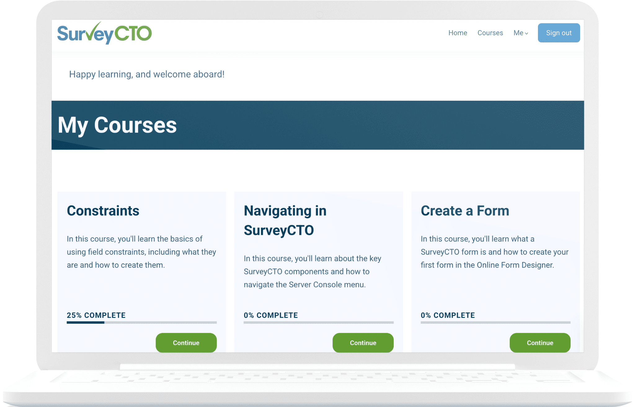 A framed image of a learner dashboard in SurveyCTO Academy.