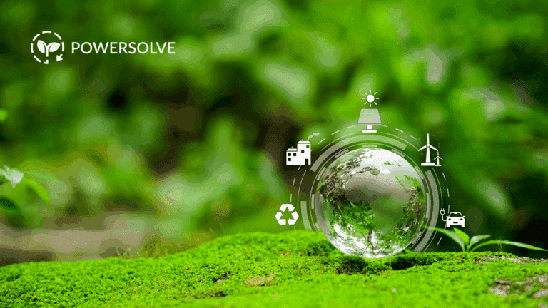 Image of the PowerSolve logo laid over a background of green trees, with an image of a globe surrounded by icons signifying climate action. PowerSolve uses SurveyCTO to build DMRV solutions for carbon offset projects.