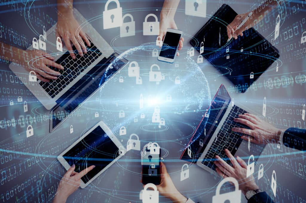 Five different pairs of hands hold different devices with illustrations indicating secure data sharing is happening between each device.