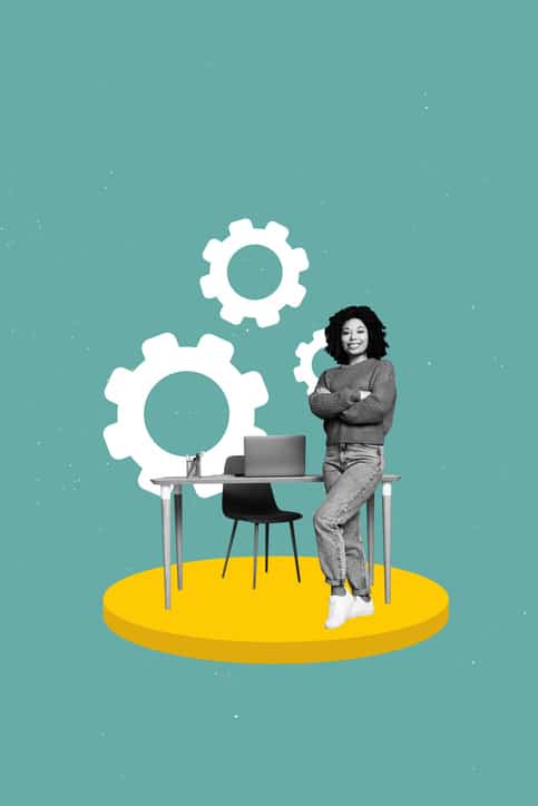 Collage trend artwork composite sketch poster of cogwheel mechanism young woman stand table laptop virtual online device internet office.