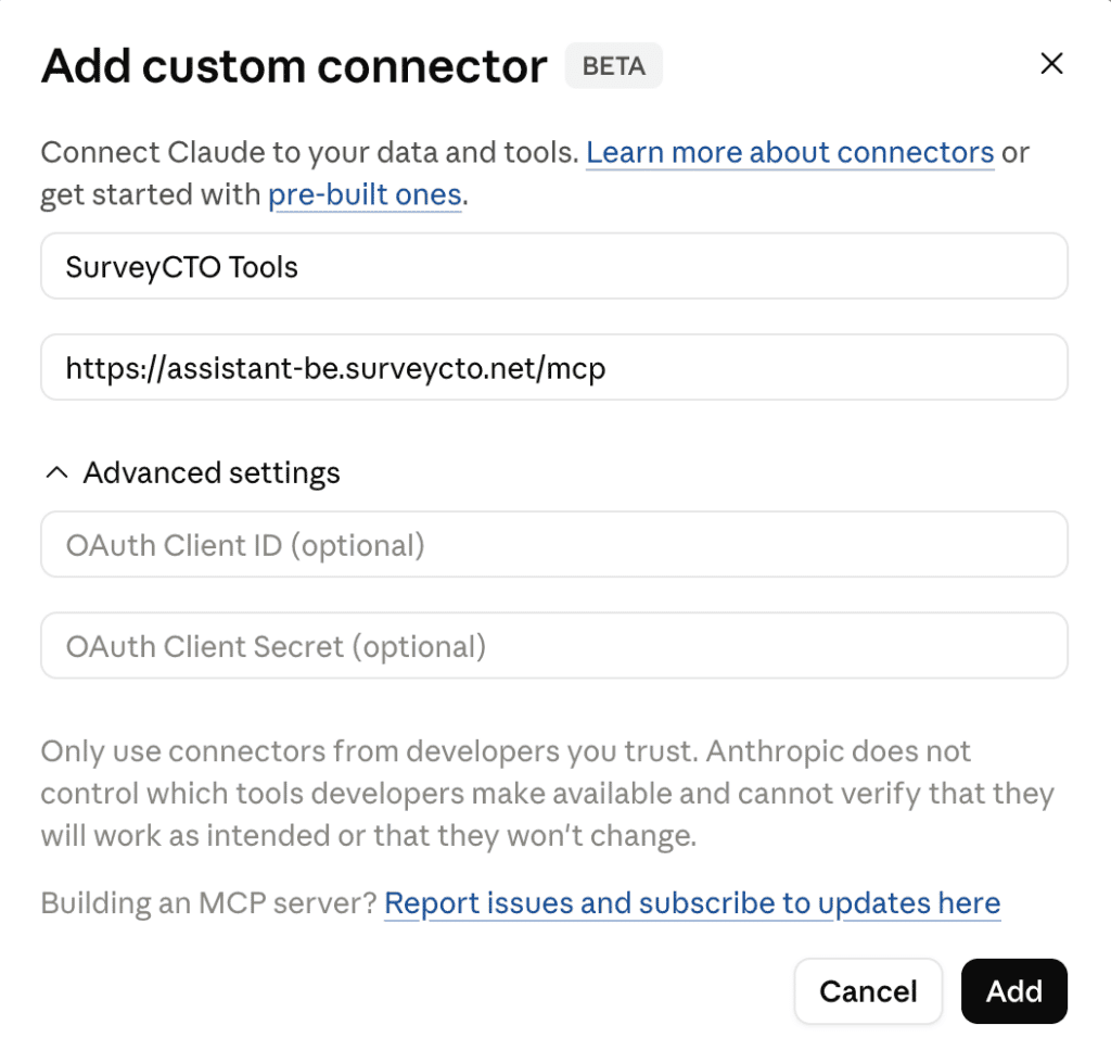 Adding a custom connected with Claude