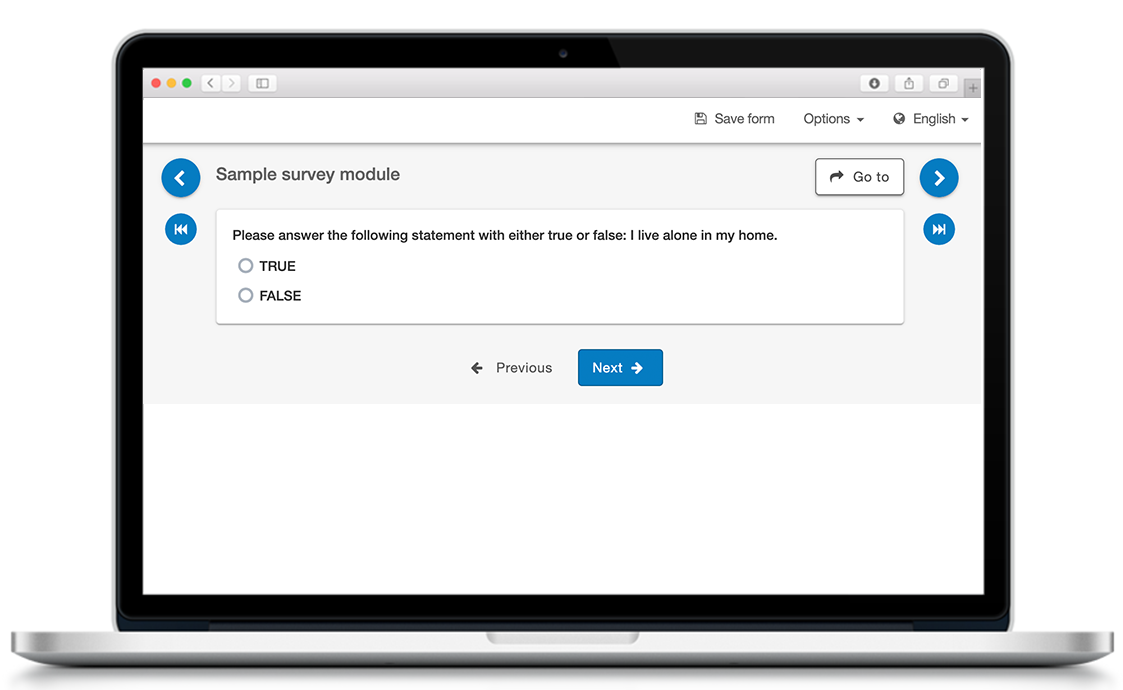 A closed-ended survey question in a laptop computer that reads "Please answer the following statement with either true or false:
I live alone in my home.
