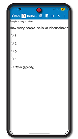 A multiple choice survey question in a mobile device which asks "How many people live in your household? with options a) 1, b) 2, c) 3, d) 4, and e) other