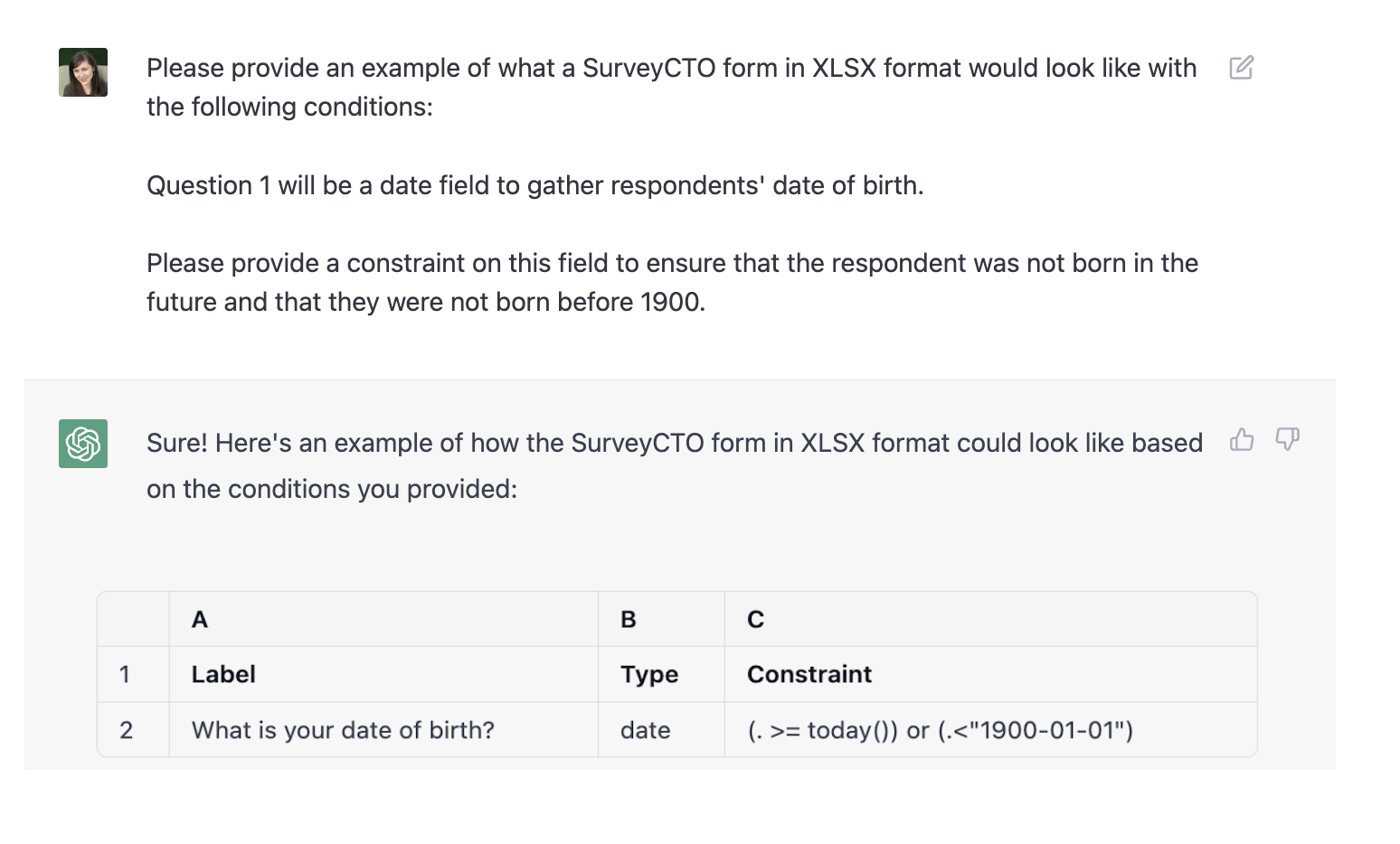 SurveyCTO asks for a form in XLSX with the 1st question asking for date of birth with the constraint to ensure the respondent wasn't born before 1990 or in the future. The bot responds with the the question and the constraint as an or question.