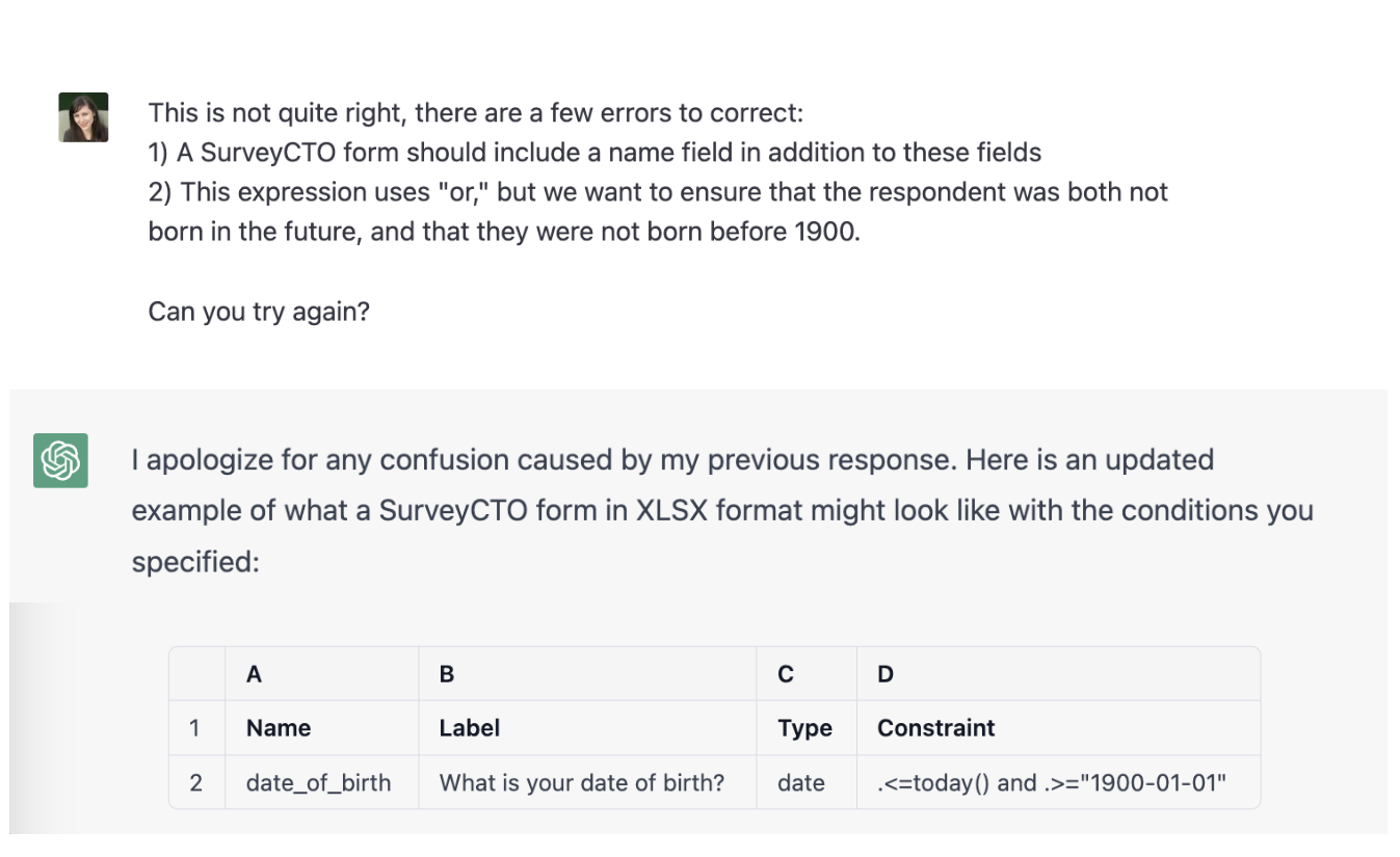 SurveyCTO asks the bot to correct errors including adding a name field and again to use and instead of or in the dob field. The bot responds with an updated form.